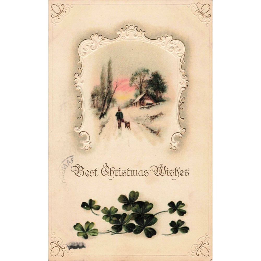Christmas Postcard PS Dresden 4757 Winter Cottage Man Dog Clovers Embossed 1911 - Picture 1 of 2